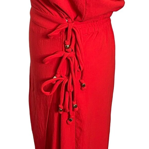 Vix Paula Hermanny Cyndi Wrap Midi Dress Women’s Size Large Red Crinkled Voile - Picture 9 of 16